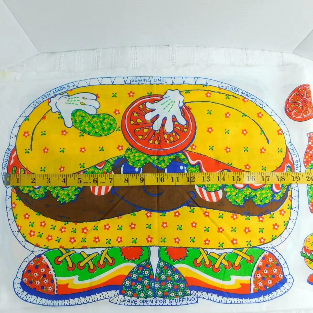 Calico Burger Pillow Panel Fabric Sewing Cushion Vintage Craft Cute Novelty NEW